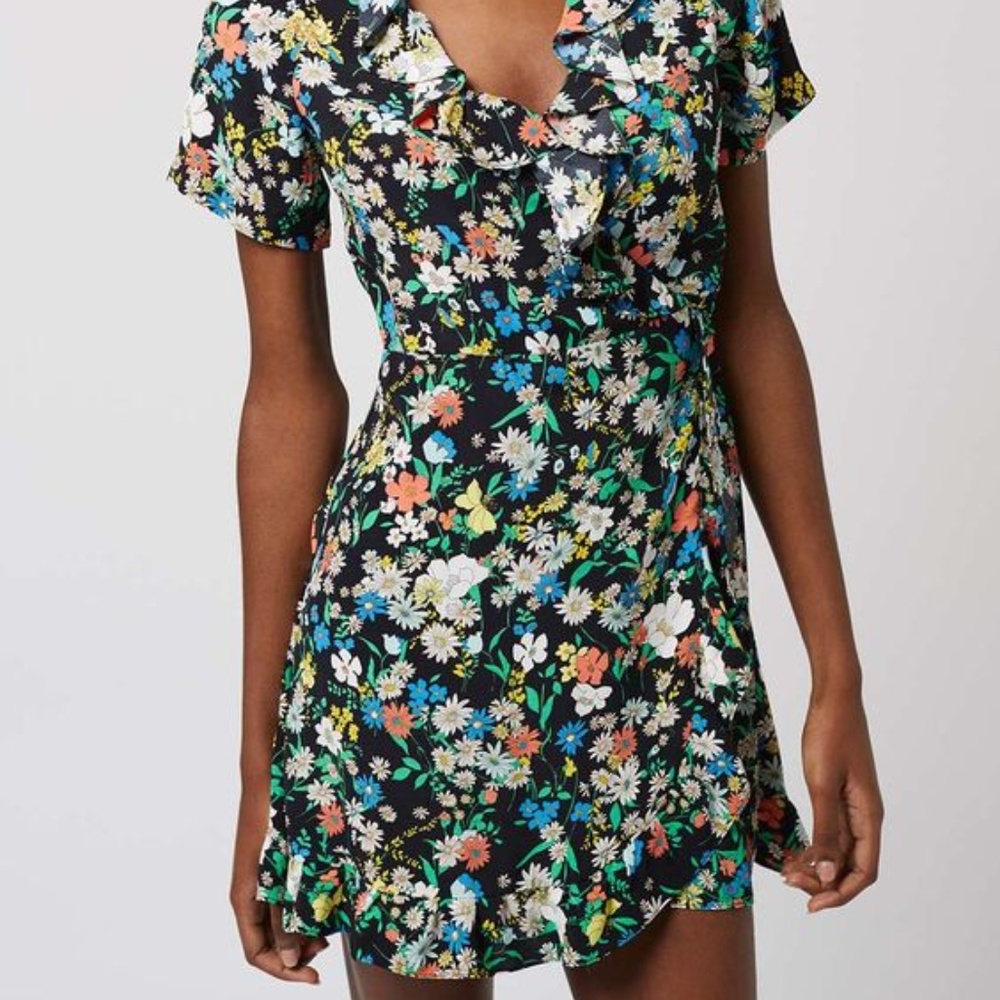 Black floral wrap dress